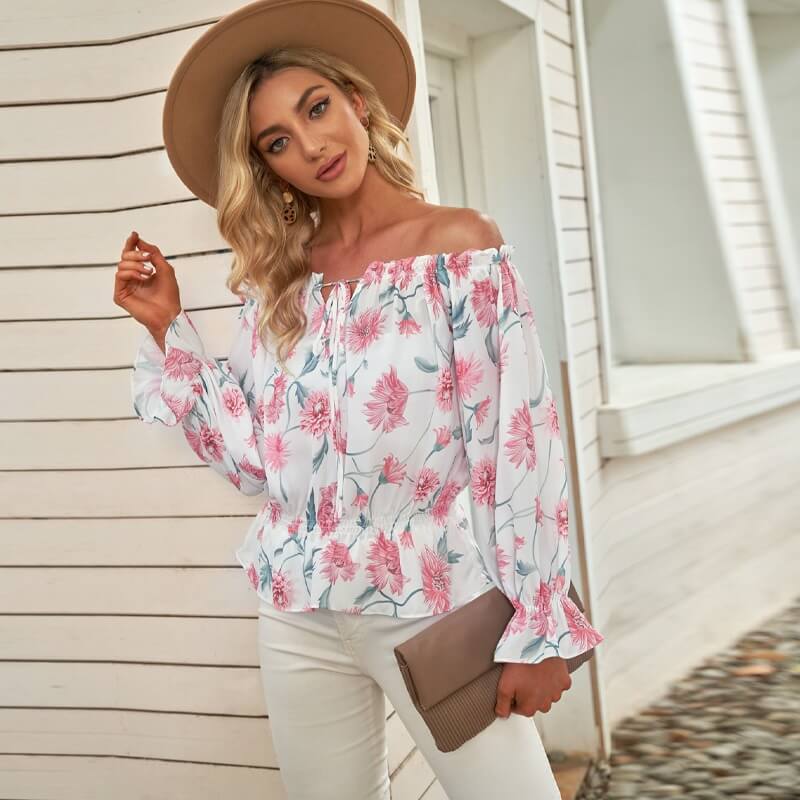 Floral women's chiffon blouse with ruffled sleeves – Elvira