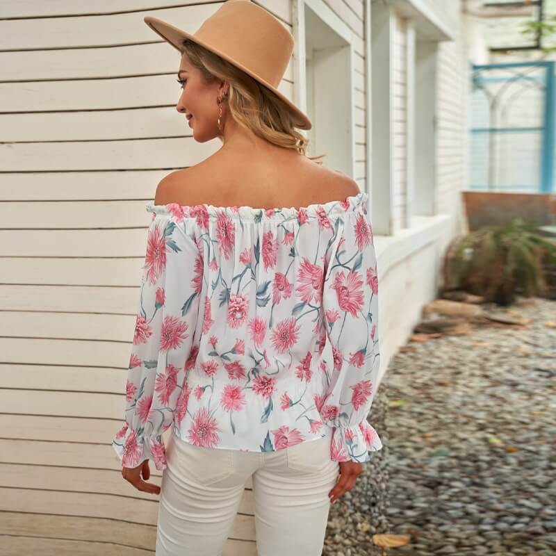 Floral women's chiffon blouse with ruffled sleeves – Elvira