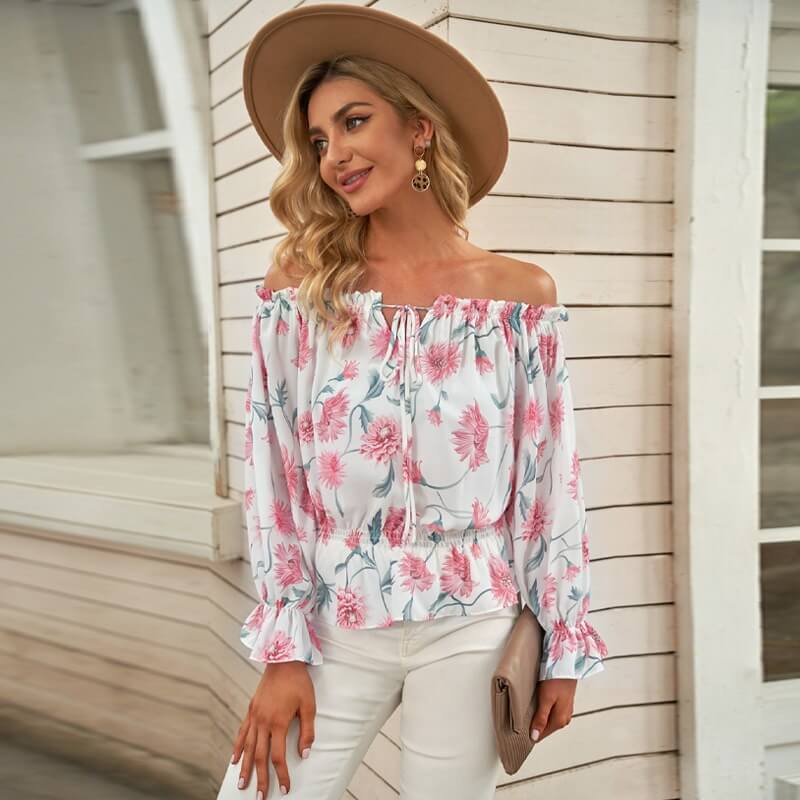 Floral women's chiffon blouse with ruffled sleeves – Elvira