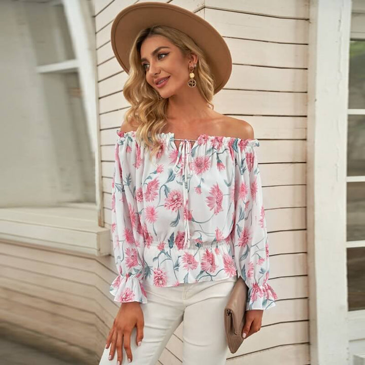 Floral women's chiffon blouse with ruffled sleeves – Elvira
