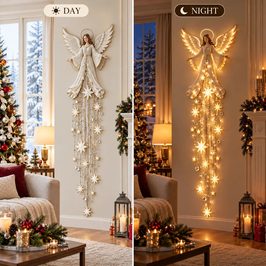 Dag-en-nachtvergelijking van de engelwandlamp: links uitgeschakeld in daglicht, rechts warm gloeiend in de avond. 6