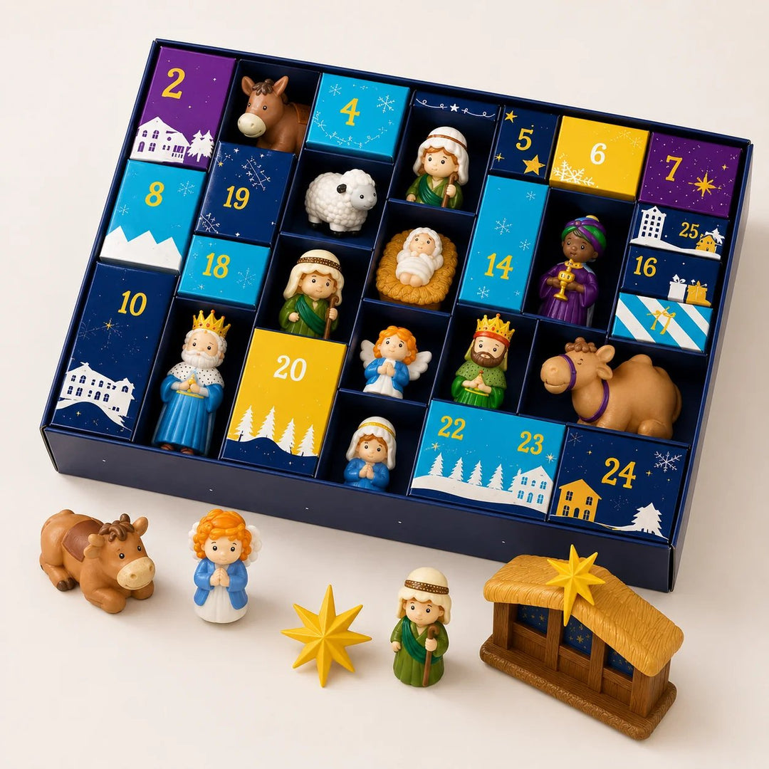 Geopende kalender waarin figuren in de vakjes liggen, met enkele figuren, een ster en de stal ervoor 5