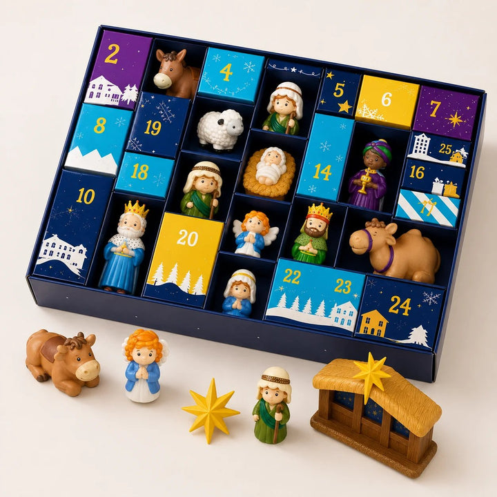 Geopende kalender waarin figuren in de vakjes liggen, met enkele figuren, een ster en de stal ervoor 5