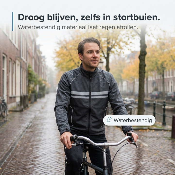 Man op een fiets in een regenachtige straat met grachten, gekleed in de grijze jas met natte regendruppels op de stof. 2