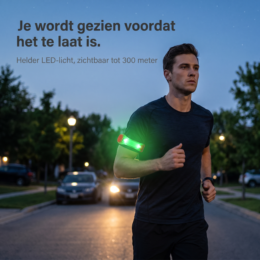 Hardloper in het donker op straat draagt de armband om zijn bovenarm met groen licht 2