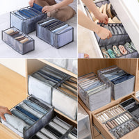 Collage van vier foto's met grijze doorschijnende vakkenzakken vol opgevouwen kleding, gebruikt op een bed, in een la en in een houten kast. 1