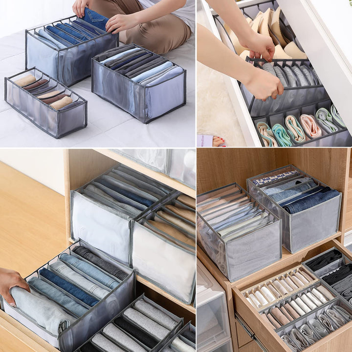 Collage van vier foto's met grijze doorschijnende vakkenzakken vol opgevouwen kleding, gebruikt op een bed, in een la en in een houten kast. 1