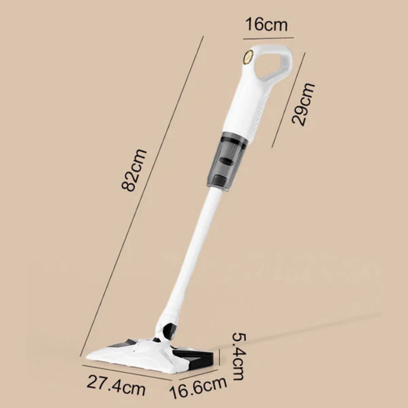 Witte stofzuiger schuin neergezet op een beige achtergrond met maatlijnen voor de totale lengte, de handgreep en de afmetingen van de zuigmond. 6