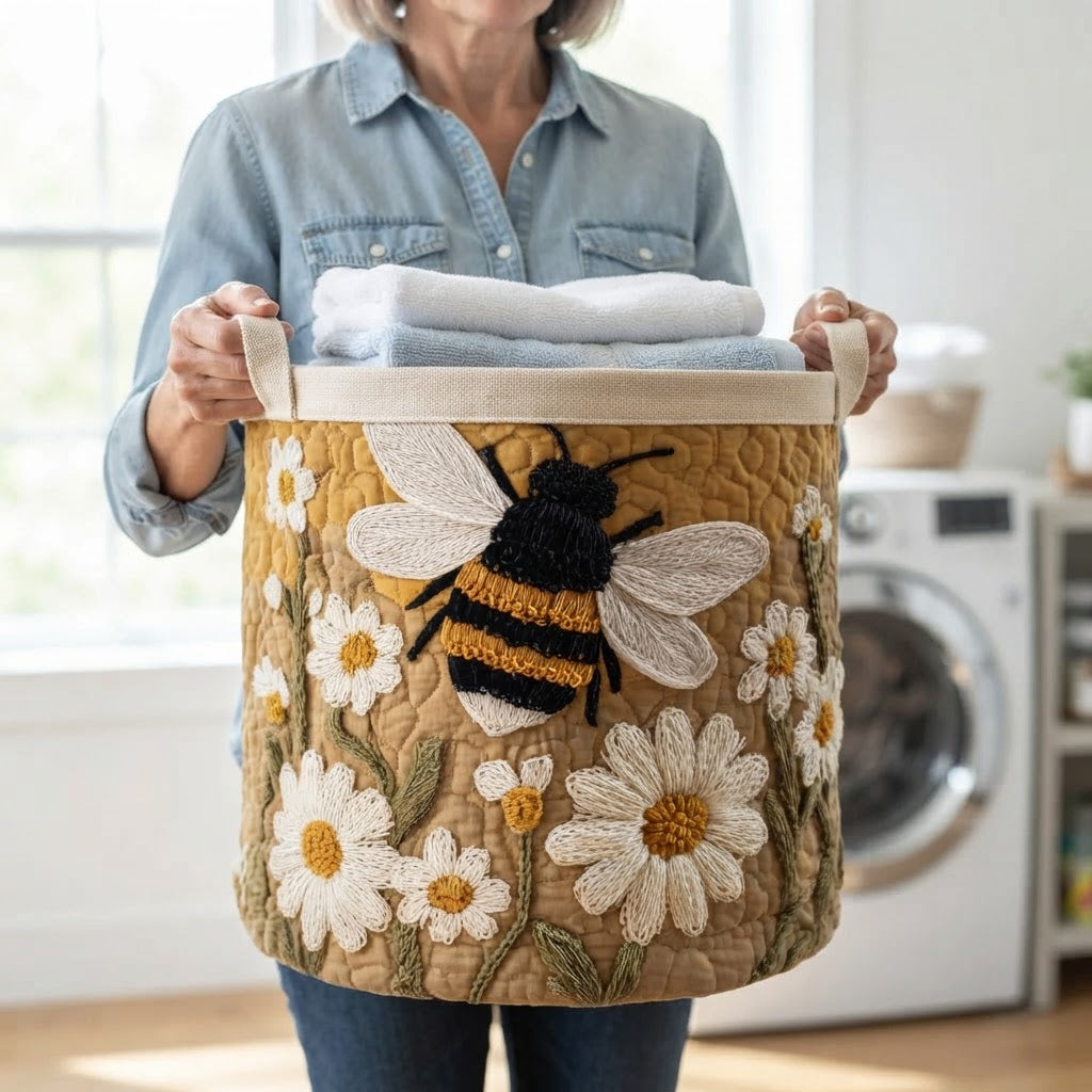 Vrouw in spijkerblouse houdt de mand bij de handgrepen vast, gevuld met opgevouwen handdoeken, bij een wasmachine. 5