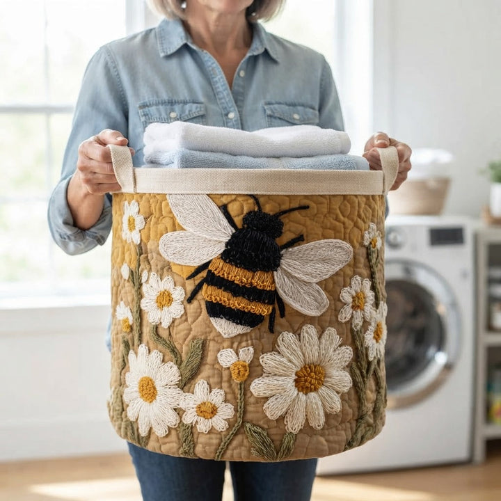 Vrouw in spijkerblouse houdt de mand bij de handgrepen vast, gevuld met opgevouwen handdoeken, bij een wasmachine. 5
