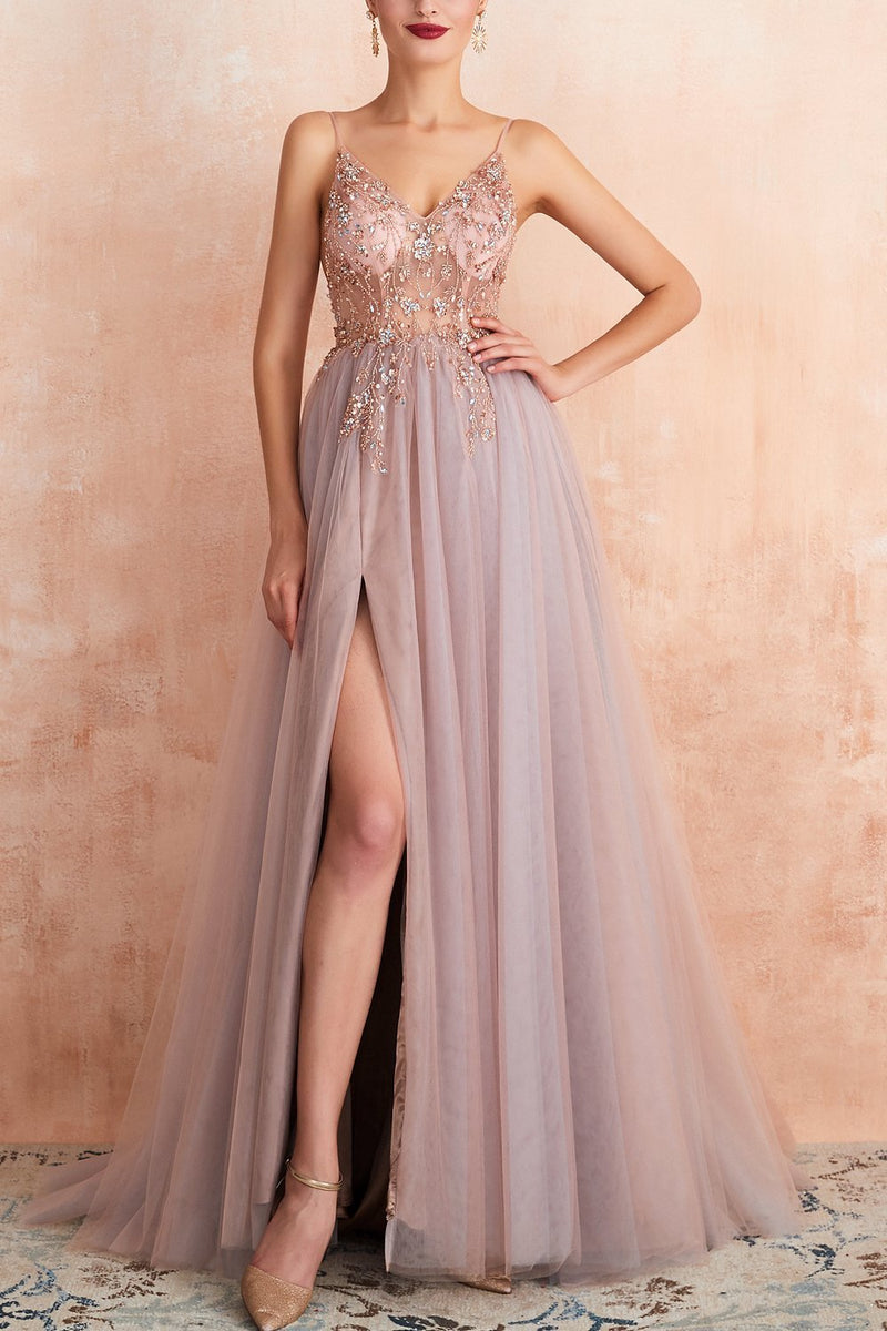 Stylish Tulle Evening Dress with V-Neck and Slit - Elena