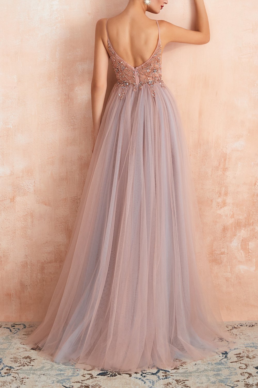 Stylish Tulle Evening Dress with V-Neck and Slit - Elena