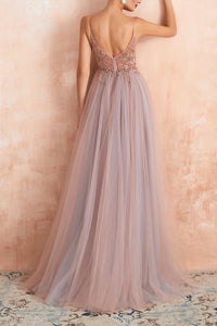 Stylish Tulle Evening Dress with V-Neck and Slit - Elena