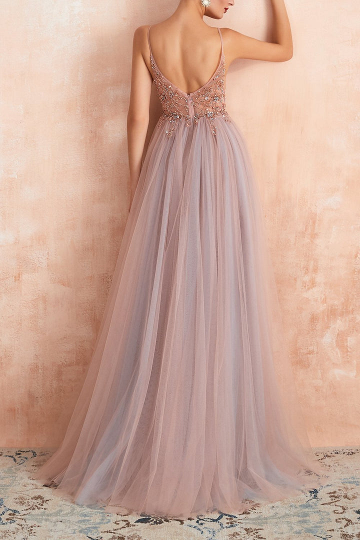 Stylish Tulle Evening Dress with V-Neck and Slit - Elena