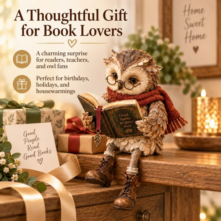 Uilbeeldje met bril en boek zit op een houten tafel tussen cadeautjes, lint en een kaarsje als cadeau-idee voor boekenliefhebbers. 7