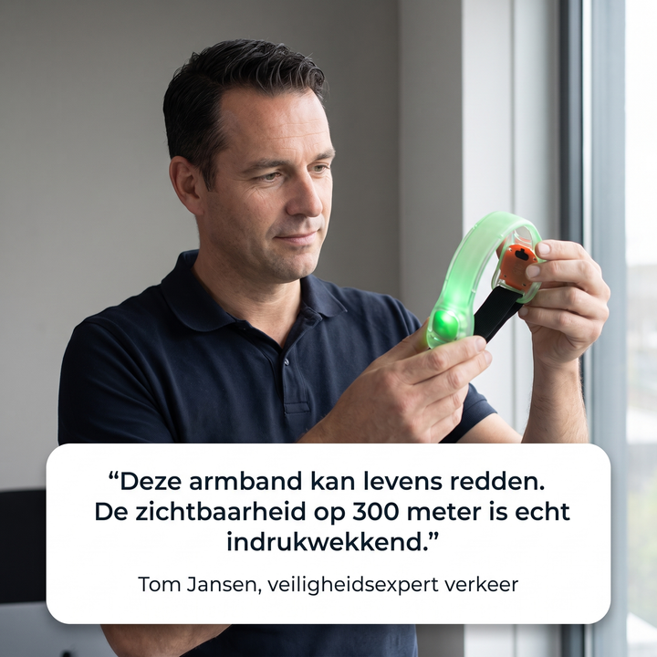 Man in poloshirt bekijkt een groen oplichtende armband die hij met beide handen vasthoudt 7