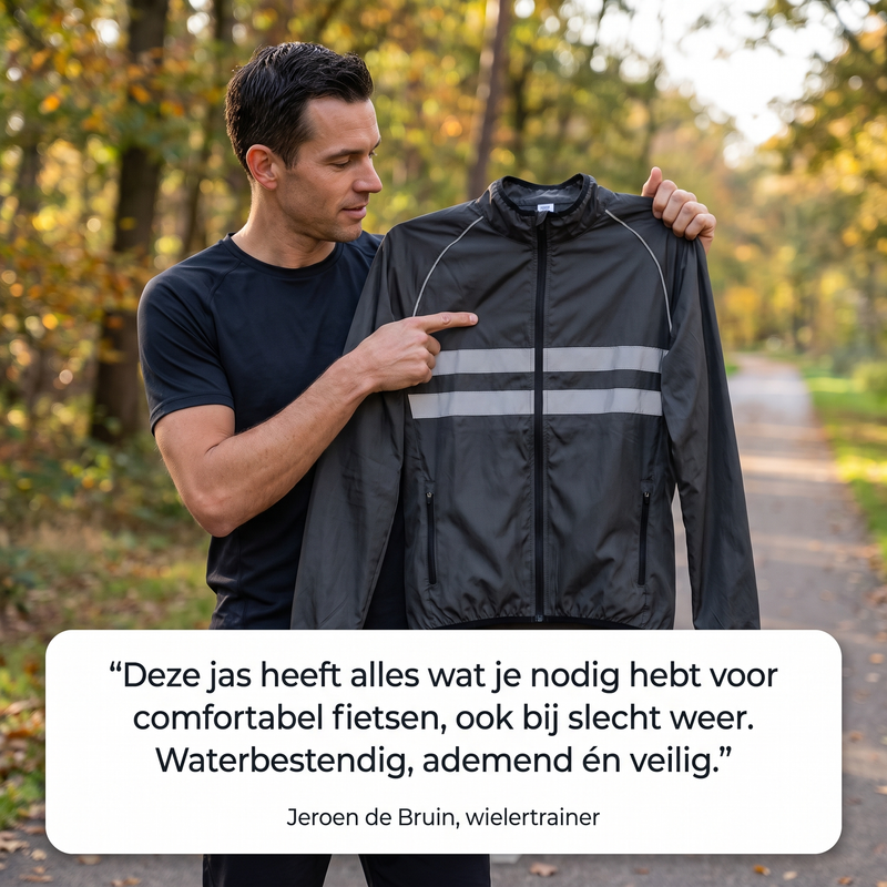 Man in zwart shirt toont de grijze fietsjas met reflecterende strepen aan een bospad, met een aanbevelende quote eronder. 6