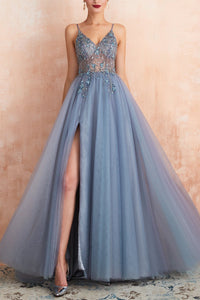 Stylish Tulle Evening Dress with V-Neck and Slit - Elena