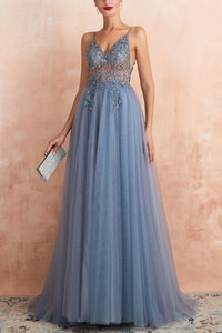 Stylish Tulle Evening Dress with V-Neck and Slit - Elena