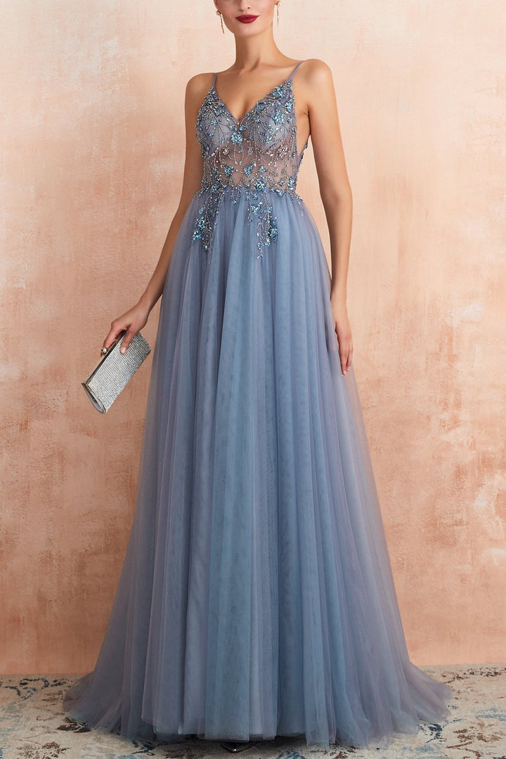 Stylish Tulle Evening Dress with V-Neck and Slit - Elena