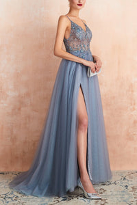 Stylish Tulle Evening Dress with V-Neck and Slit - Elena