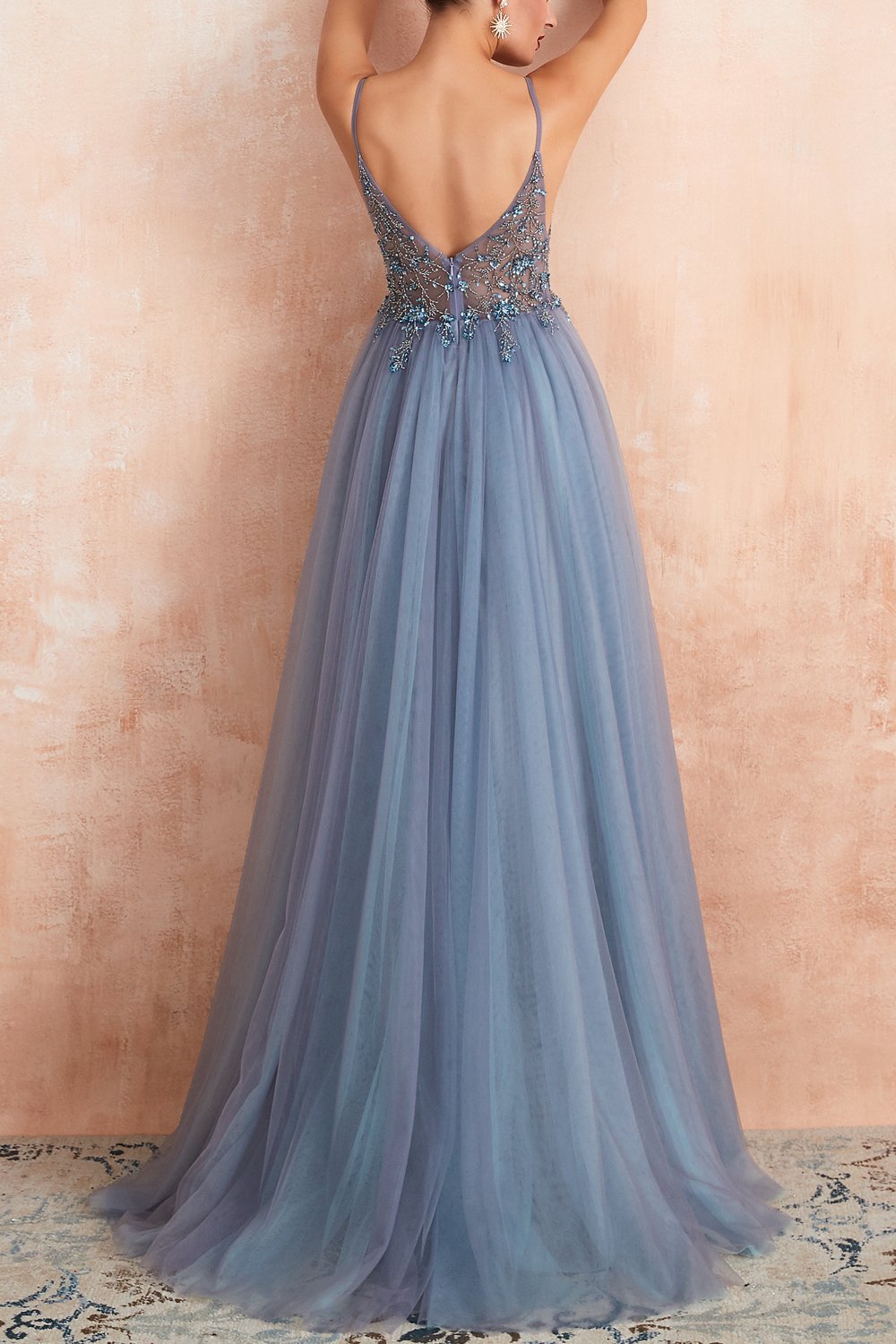 Stylish Tulle Evening Dress with V-Neck and Slit - Elena