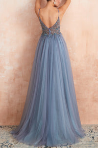 Stylish Tulle Evening Dress with V-Neck and Slit - Elena