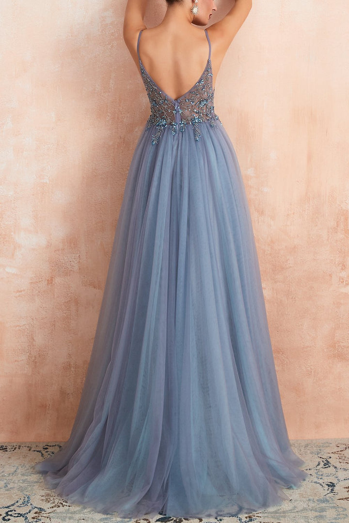Stylish Tulle Evening Dress with V-Neck and Slit - Elena