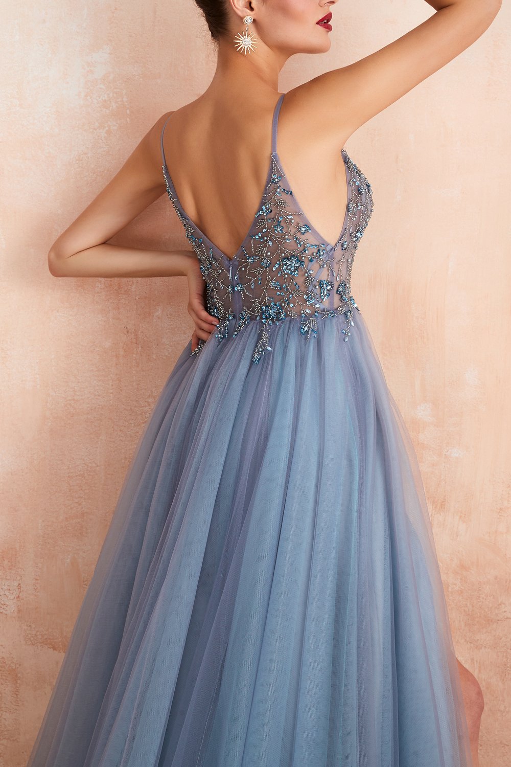 Stylish Tulle Evening Dress with V-Neck and Slit - Elena