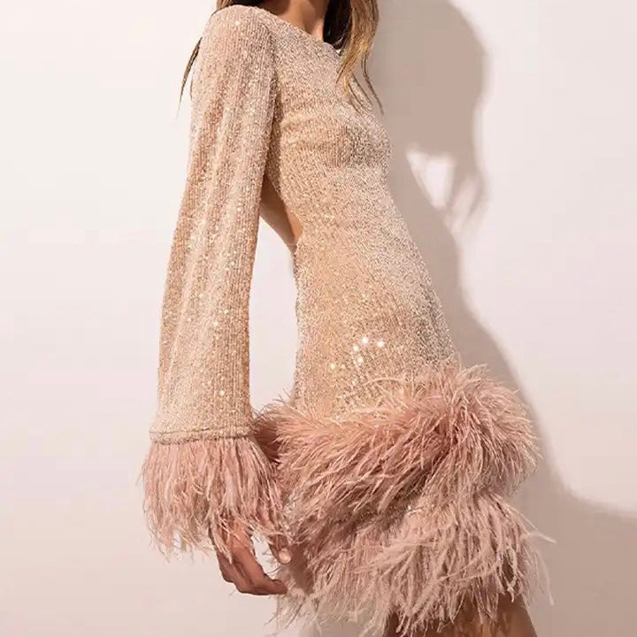 Pailletten Kleid mit Federdetail - Ayla