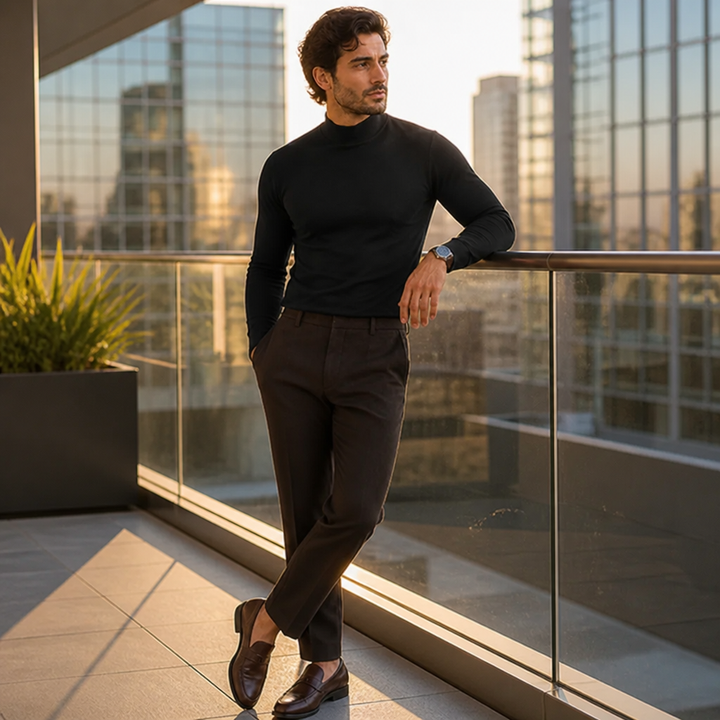 Man in zwart shirt met hoge kraag leunt tegen een glazen balustrade op een terras, gecombineerd met bruine pantalon en loafers. 1