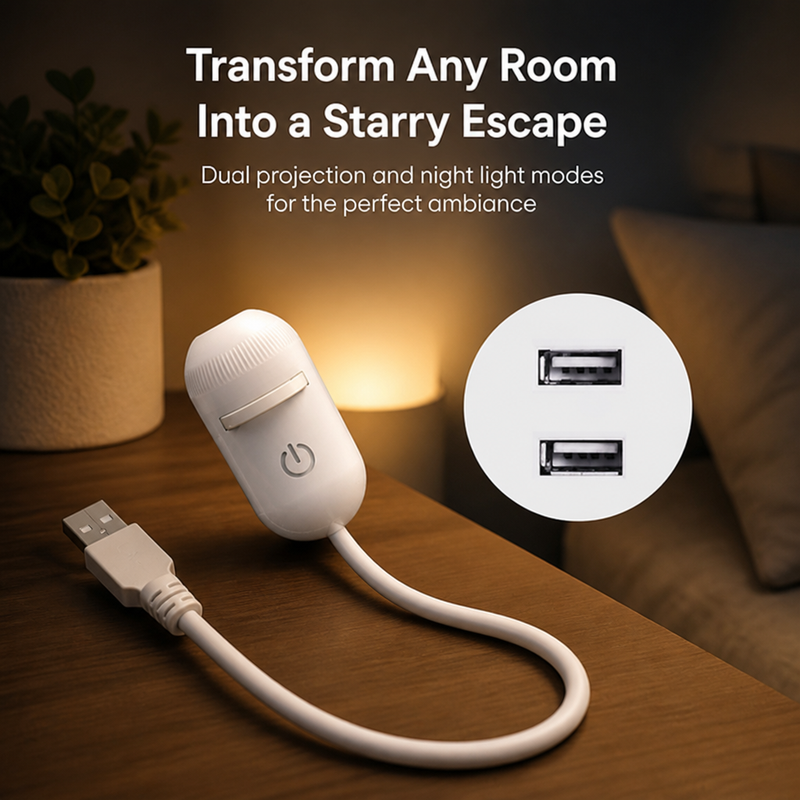 Witte capsulevormige projector met aan-knop en USB-kabel op een houten nachtkastje, met een warm gloeiend lampje en een close-up van twee USB-poorten. 1