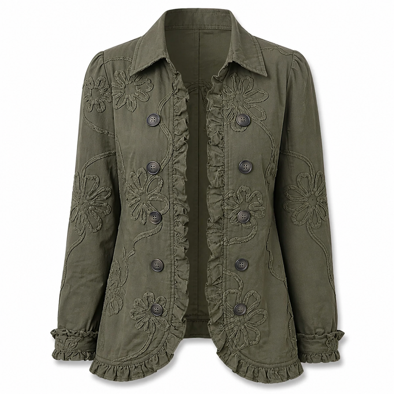Floral Embroidered Utility Jacket - Vintage Boho Style with Ruffle Trim 9
