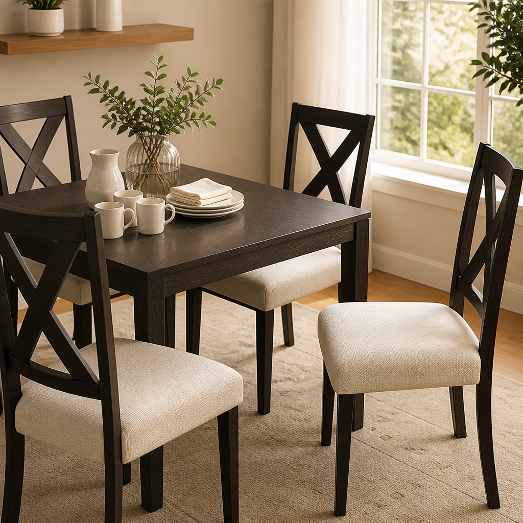 Donkere houten eettafel met vier kruisrugstoelen met beige gestoffeerde zittingen, theekopjes en een vaas met groen op de tafel. 1