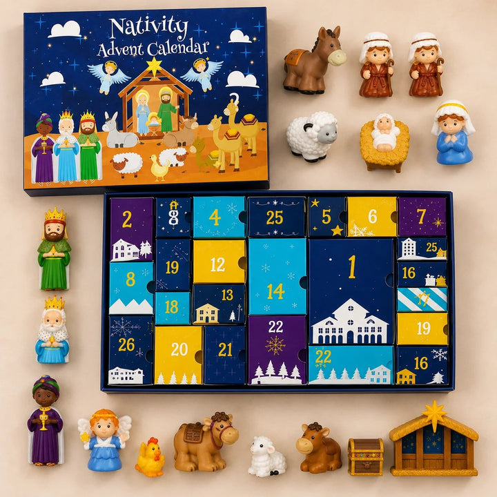 Bovenaanzicht van de geopende kalender met genummerde vakjes, met alle figuren en de stal eromheen gelegd 3