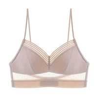 Losse bralette in zachte taupe-roze kleur van voren, met gestippeld mesh, gestreepte V-rand en dunne bandjes. 7