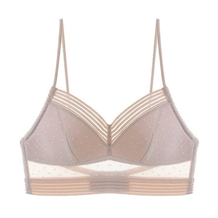 Losse bralette in zachte taupe-roze kleur van voren, met gestippeld mesh, gestreepte V-rand en dunne bandjes. 7