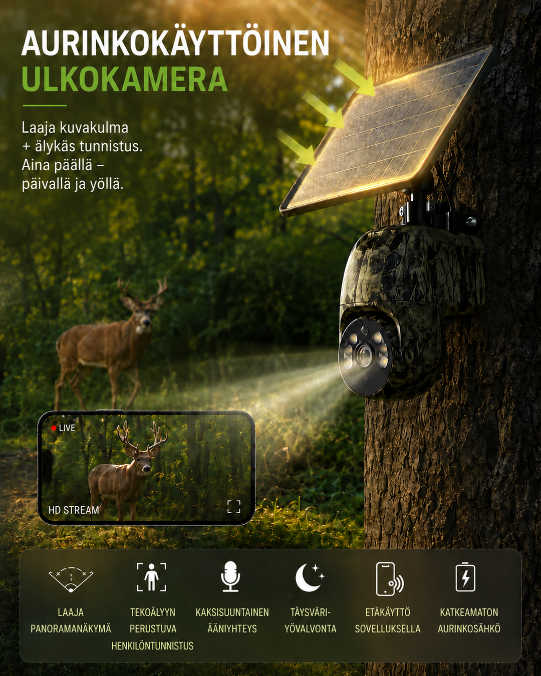 Camera met zonnepaneel aan een boomstam in het bos, met een hert op de achtergrond en een livebeeld op een smartphone. 2