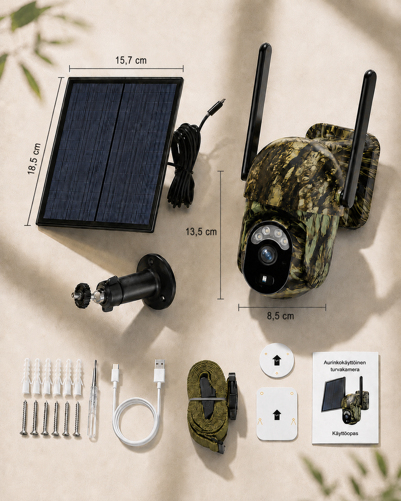 Flatlay van de inhoud: camera, zonnepaneel met kabel, muurbeugel, schroeven, pluggen, usb-kabel, bevestigingsband, stickers en handleiding, met afmetingen. 13