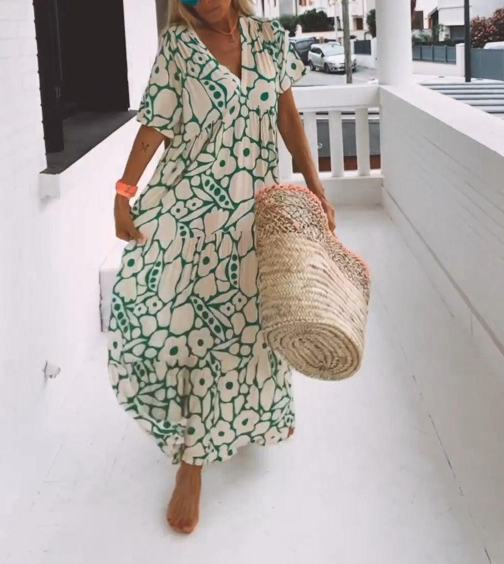 Grünes Maxikleid mit kurzen Ärmeln und Print – Elisa
