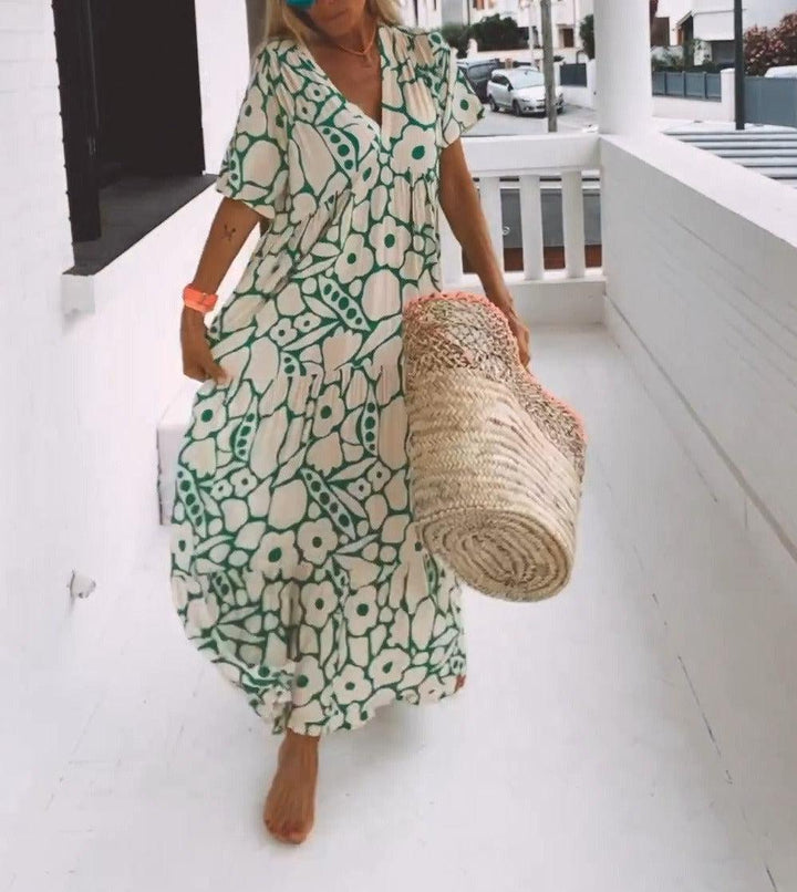 Grünes Maxikleid mit kurzen Ärmeln und Print – Elisa