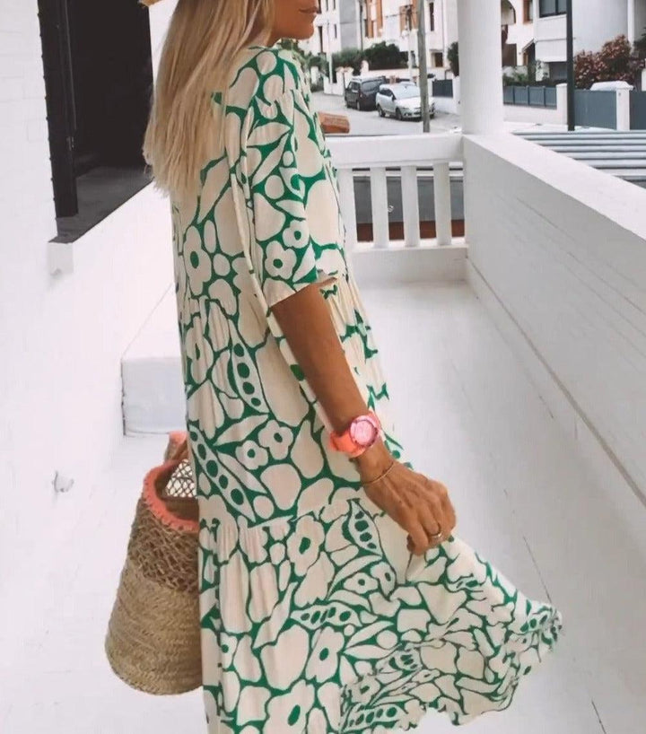 Grünes Maxikleid mit kurzen Ärmeln und Print – Elisa