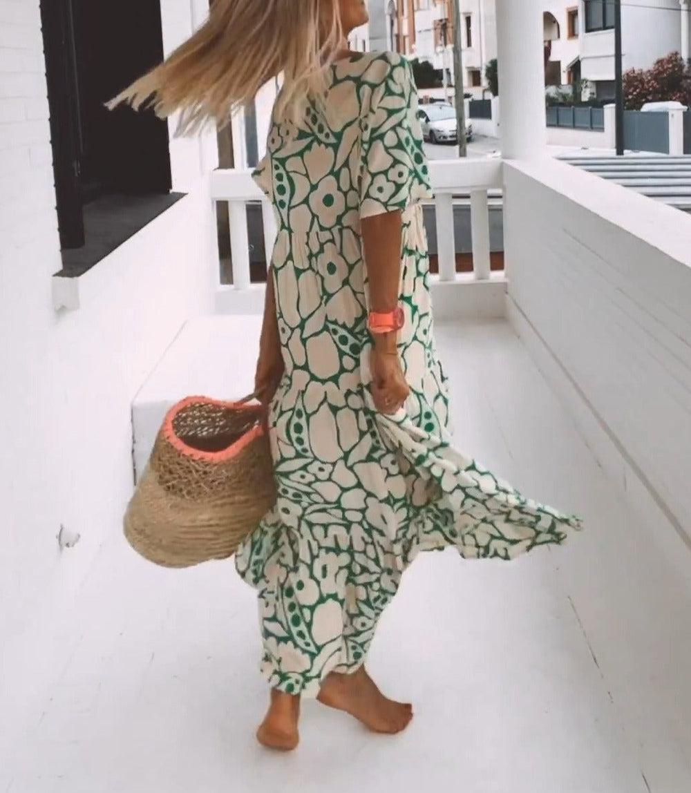 Grünes Maxikleid mit kurzen Ärmeln und Print – Elisa