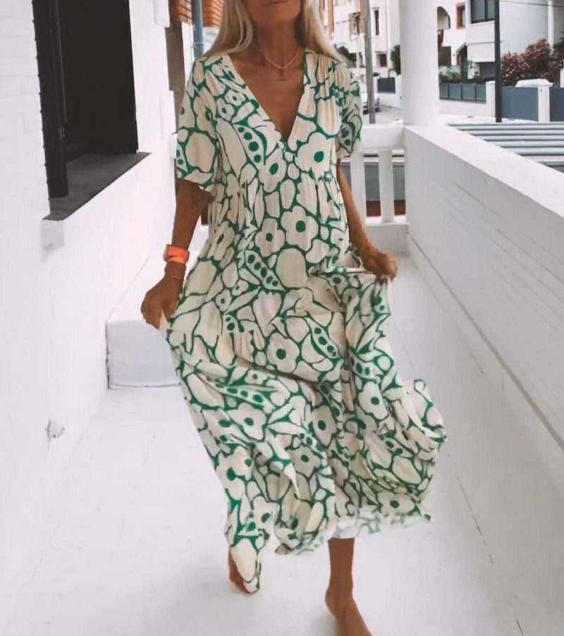 Grünes Maxikleid mit kurzen Ärmeln und Print – Elisa
