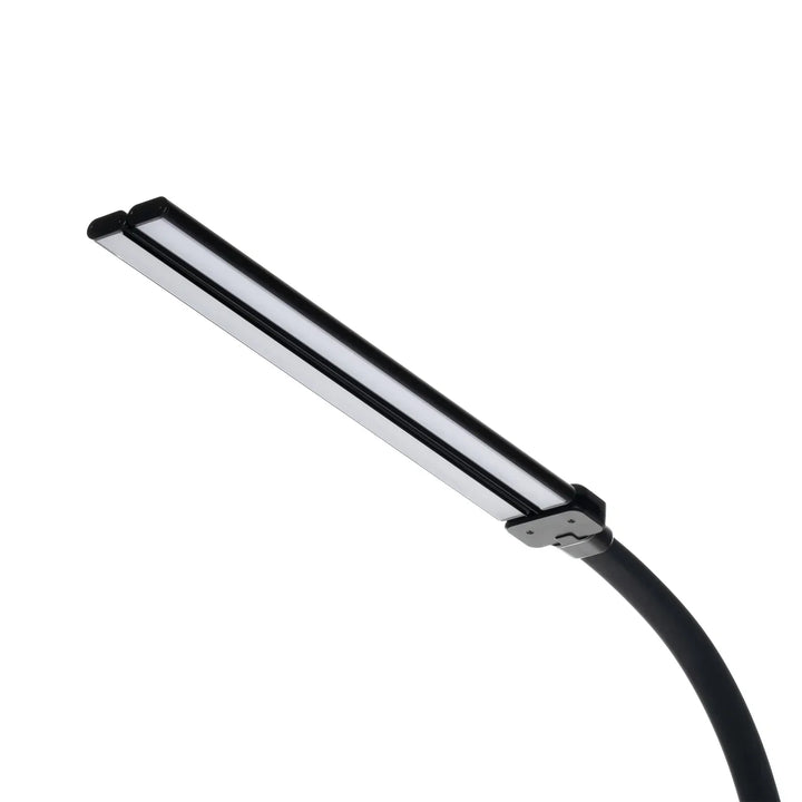 Close-up van de smalle ledbalk met dubbele lichtstrips, op een zwarte flexibele nek, tegen witte achtergrond 4
