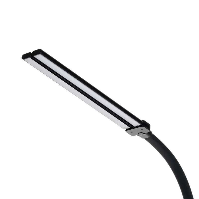 Close-up van de smalle ledbalk met dubbele lichtstrips, op een zwarte flexibele nek, tegen witte achtergrond 4