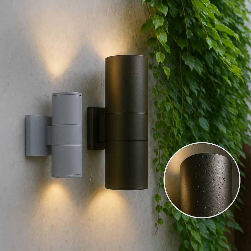 Zwarte en grijze cilindervormige wandlamp naast elkaar op een muur met klimop, met een detailcirkel van het regendruppelige oppervlak. 1