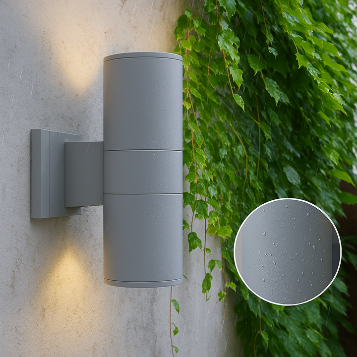 Grijze cilindervormige wandlamp op een betonnen muur naast klimop, met een detailcirkel van het oppervlak met regendruppels. 5