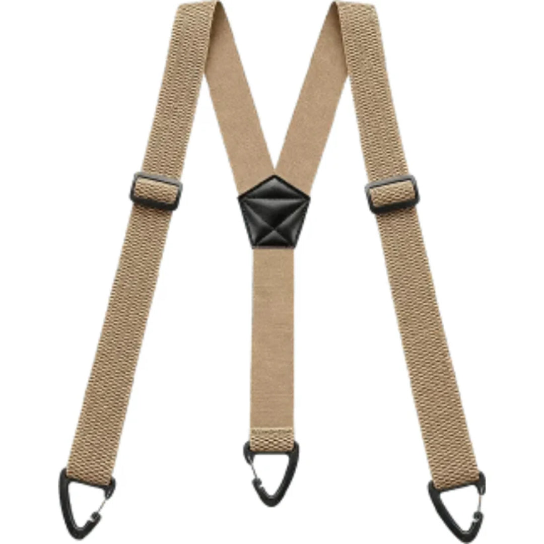 Beige bretels met Y-model en drie zwarte clips op een witte achtergrond 10