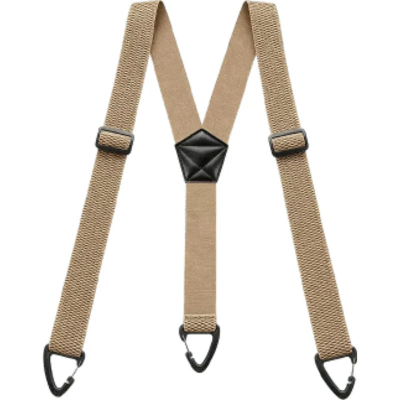 Beige bretels met Y-model en drie zwarte clips op een witte achtergrond 10